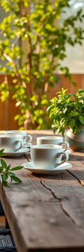 Worn wooden table adorned with ceramic coffee cups, greenery, and soft morning light, earthy, textures