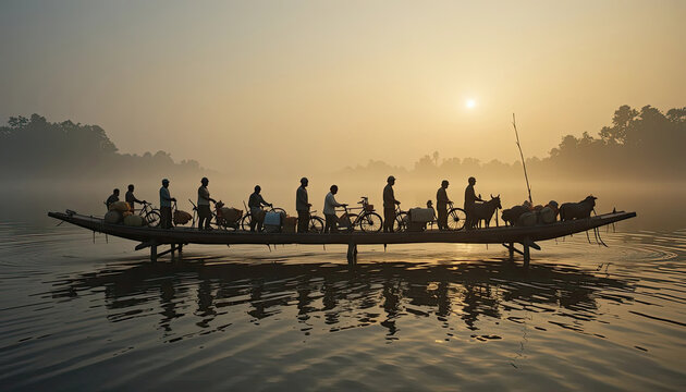 Realistic villagers crossing a wide river on a handcrafted wooden ferry at sunrise, bicycles, baskets, livestock and daily necessities onboard, golden mist, authentic rural,