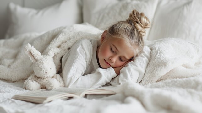 Little blonde girl sleeping soundly on white bedding next to her stuffed animal