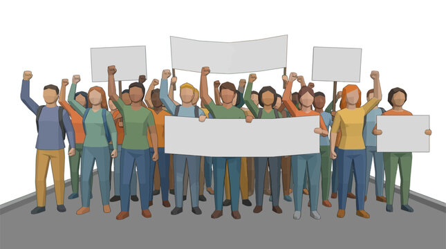 Protest crowd raising fists and holding blank signs on street, demonstrating for change, isolated on transparent background