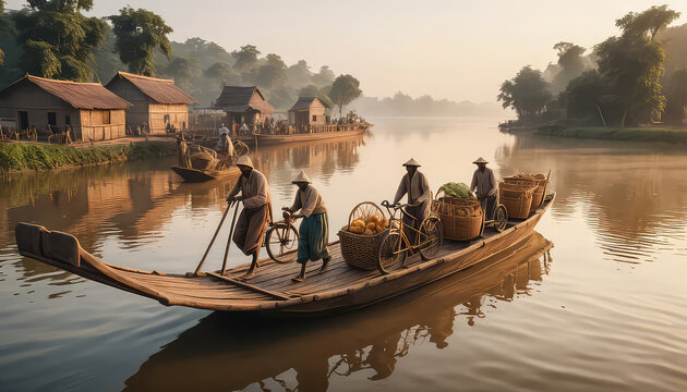 Realistic villagers crossing a wide river on a handcrafted wooden ferry at sunrise, bicycles, baskets, livestock and daily necessities onboard, golden mist, authentic rural,