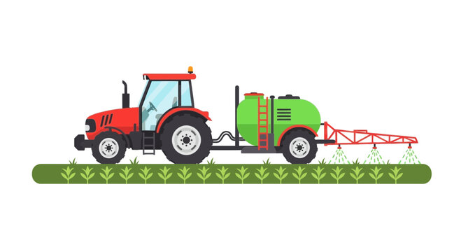 Modern Red Tractor with Fertilizer Sprayer Vector Illustration - Flat Agricultural Machine Spraying Crops in Field