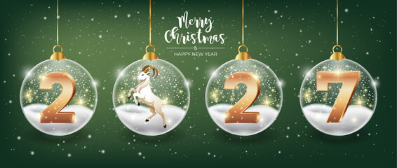Christmas New Year hanging transparent glass baubles with gold numbers 2027 and white goat on green background with bokeh lights and sparkles. modern design card poster banner social media © EvgeniiasArt