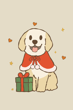 Christmas dog In Santa Gift Sack Hand Drawn Cartoon Dog Holiday Illustration