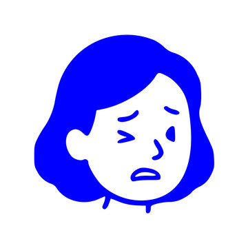 A minimalist blue and white illustration of a female face expressing discomfort, pain, or nervousness.