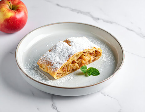 Apple strudel slice with powdered sugar and mint