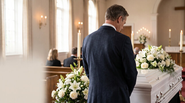 Man mourning at a funeral with white flowers in a solemn setting  