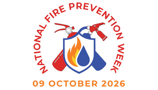 National fire prevention week emblem with colorful extinguishers and flames
