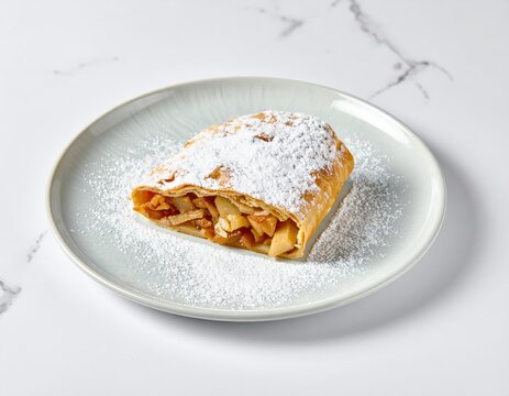 Apple strudel serving on a plate with powdered sugar