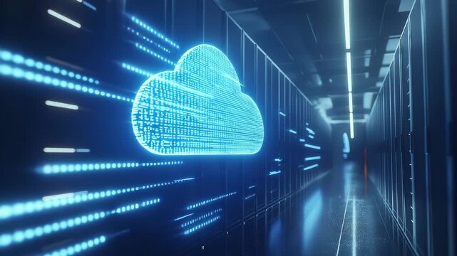 A digital data center shows cloud computing graphics with blue lights moving along server racks