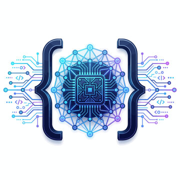 Abstract circuit design featuring a central processor and code symbols  AI Coding Assistant