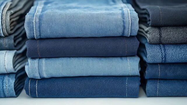 Different shades of denim jeans are stacked neatly in a retail setup ready for customers to browse and shop