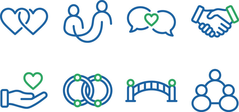 Interpersonal Relationship Line Vector Icons, Handshake Agreement, Heart Love and Teamwork Unity Set