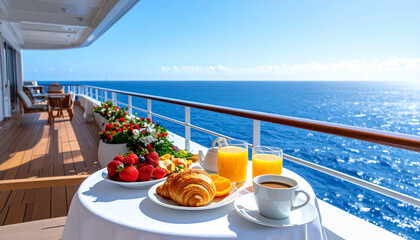 Fototapeta premium A luxurious breakfast set with coffee, juice, and fresh fruit on a cruise balcony overlooking the deep blue sea. Nobody is present, evoking peaceful travel, relaxation, and vacation bliss.