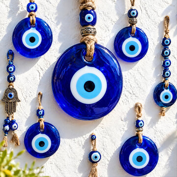Blue Evil Eye Amulets and Nazar Boncugu Amulet Hanging on White Wall for Protection and Good Luck