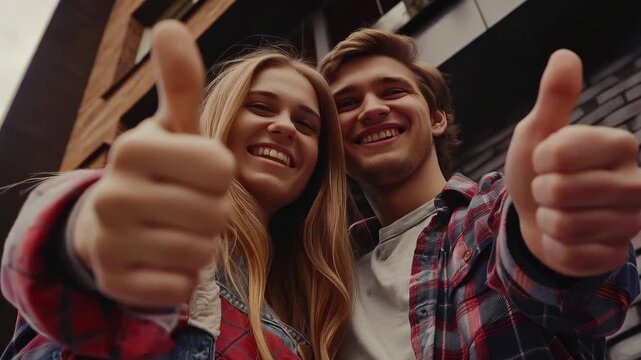 Happy young couple giving thumbs up to camera outdoors