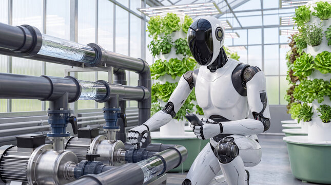Robotic Farming Automation: A futuristic robot tending to a vertical hydroponic farm, showcasing the integration of technology in sustainable agriculture and food production.