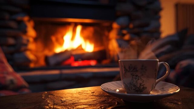 Tea Cup on a Rustic Table in Front of a Burning Fireplace