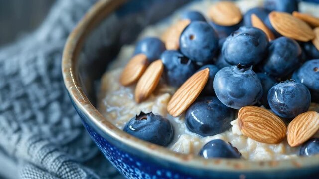 Close-up of Oatmeal with Blueberries and Almonds in a Rustic Bowl