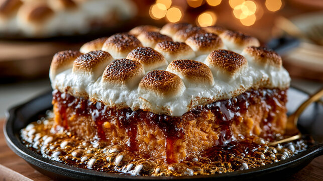 Sweet s'mores dessert dip with roasted marshmallows and melted chocolate in a cast iron skillet