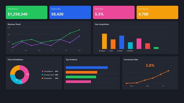 Business Analytics Dashboard with Financial KPIs and Data Visualization Charts for System Monitoring and Performance Tracking