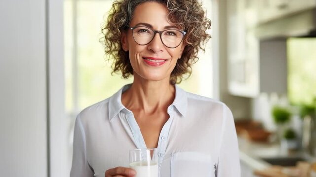 Smiling Woman with Curly Hair and Glasses Holding a Glass of Milk