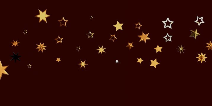 Decorative gold and silver stars scattered on a rich, dark red backdrop with copy space.