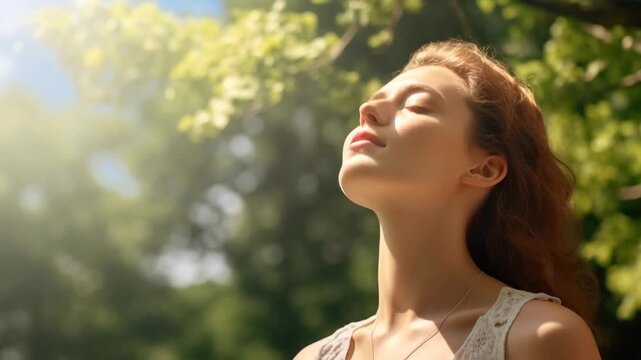Serene Woman with Eyes Closed in Sun-Drenched Garden