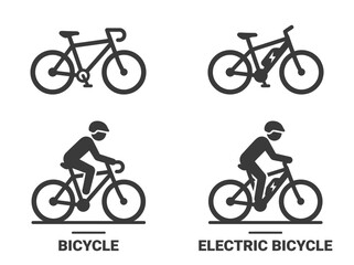 Set of simple black bicycle and electric bicycle icons with people riding on them © Aesthetic HD images