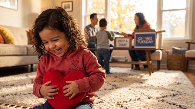 A smiling 3-year-old girl in a red volunteer hoodie hugs a red heart pillow to share warmth for Giving Tuesday autumn charity website marketing.
