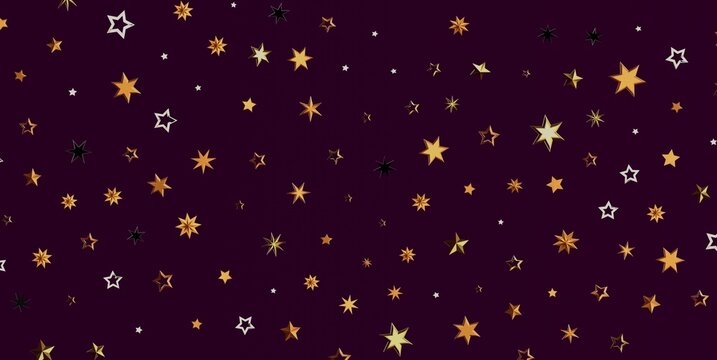 Seamless pattern of shimmering gold, silver, and dark stars on a deep purple backdrop.
