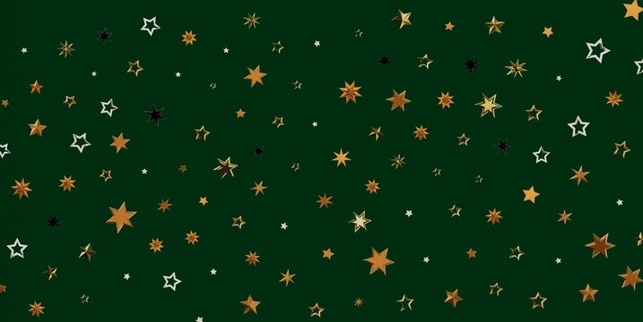 A seamless pattern of various metallic stars on a rich dark green backdrop, perfect for holidays.