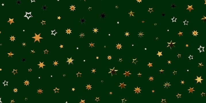 Seamless pattern of shimmering gold, silver, and black stars on a deep green background.