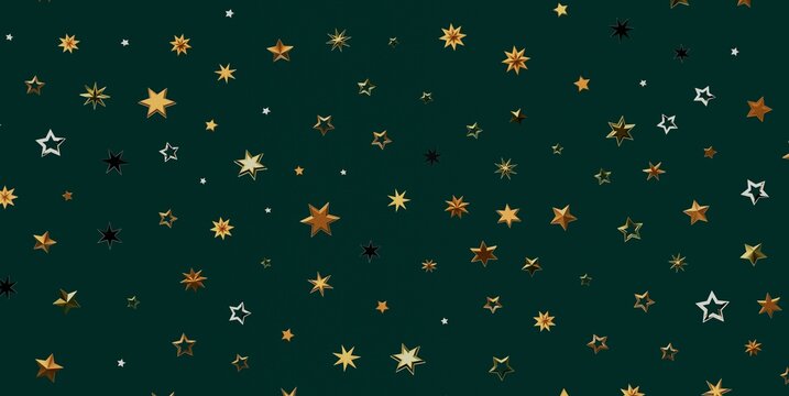 A beautiful seamless pattern featuring various gold, silver, and black stars on a dark green