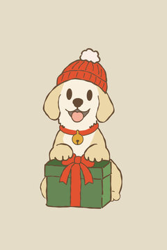Christmas dog In Santa Gift Sack Hand Drawn Cartoon Dog Holiday Illustration