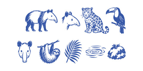 Obraz premium South American tapir jaguar and Amazon wildlife elements doodle set Vector Illustration