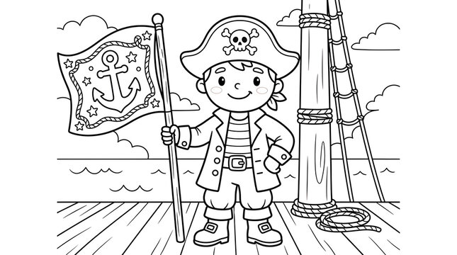 Cartoon pirate boy holding colorful flag on ship deck