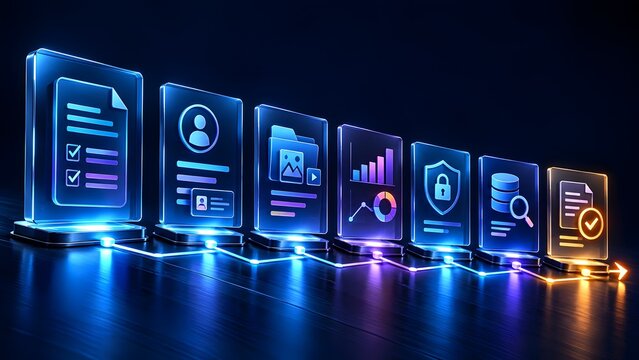Digital workflow icons representing data management security analytics and user profiles in a connected system glowing with blue and orange light on a dark background.