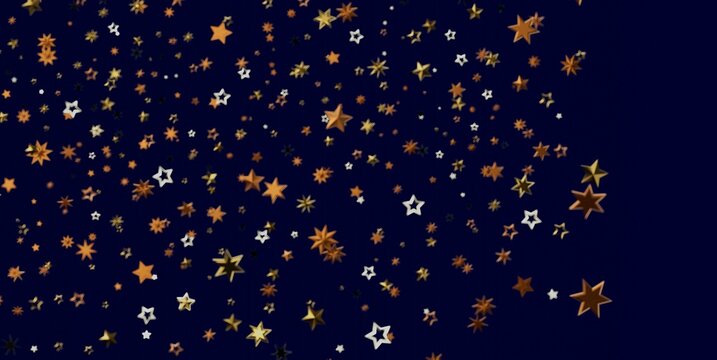 Sparkling golden and white stars create a festive, celebratory background on dark blue.