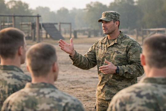 Military Instructor Briefing Soldiers Outdoors at Training Camp
