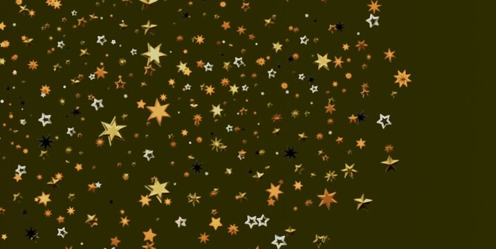 Shiny golden, orange, and white stars falling on a deep olive green background with copy space.