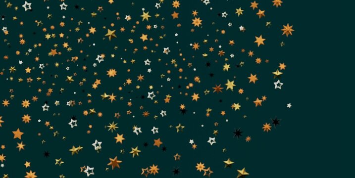 A festive and elegant background featuring scattered metallic stars on a dark green surface.