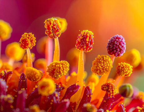 Extreme macro photography of vibrant flower stamen and pistils covered in golden pollen, nobody present. A colorful, abstract botanical background showcasing intricate nature textures and beauty.