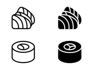 Sushi sashimi and maki roll food icons set in outline and solid styles © Shapla