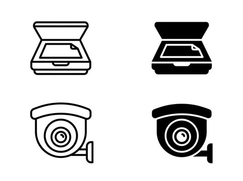 Flatbed scanner and security surveillance dome camera vector icons