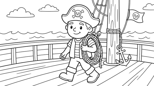 Cartoon pirate boy standing on ship deck with rope