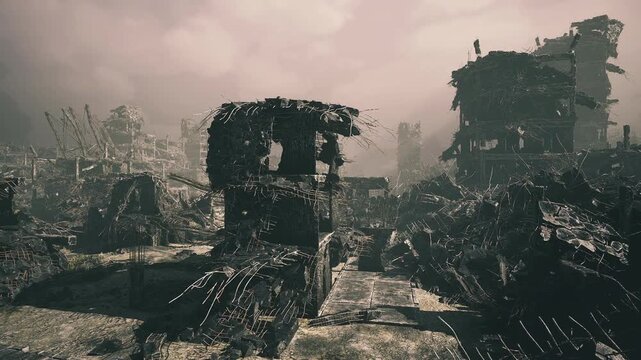 Dilapidated machinery and ancient fixtures beneath overcast sky. Neglected tools and wornout structures spread across dull cloudy and gray background