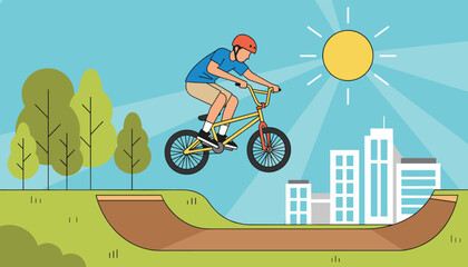 Obraz premium Biker performing an impressive high jump on a bicycle at an outdoor skatepark with city buildings and a bright sun in the background.