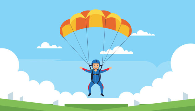 Happy man skydiver in a blue suit descending with a large colorful parachute against a blue sky with clouds.