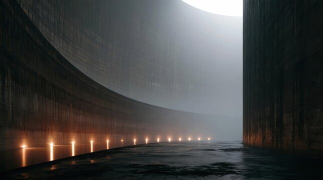 Long, narrow corridor with a curved wall on one side and a row of lights on the other side. the corridor appears to be made of concrete and has a dark, foggy atmosphere.